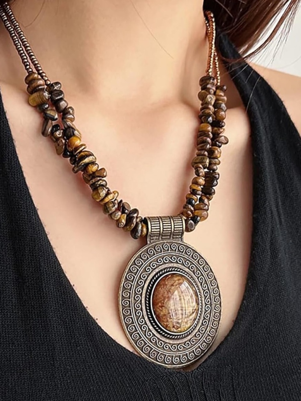Anthropologie Brown Tiger Eye Disc Pendant Necklace - Picture 2 of 9